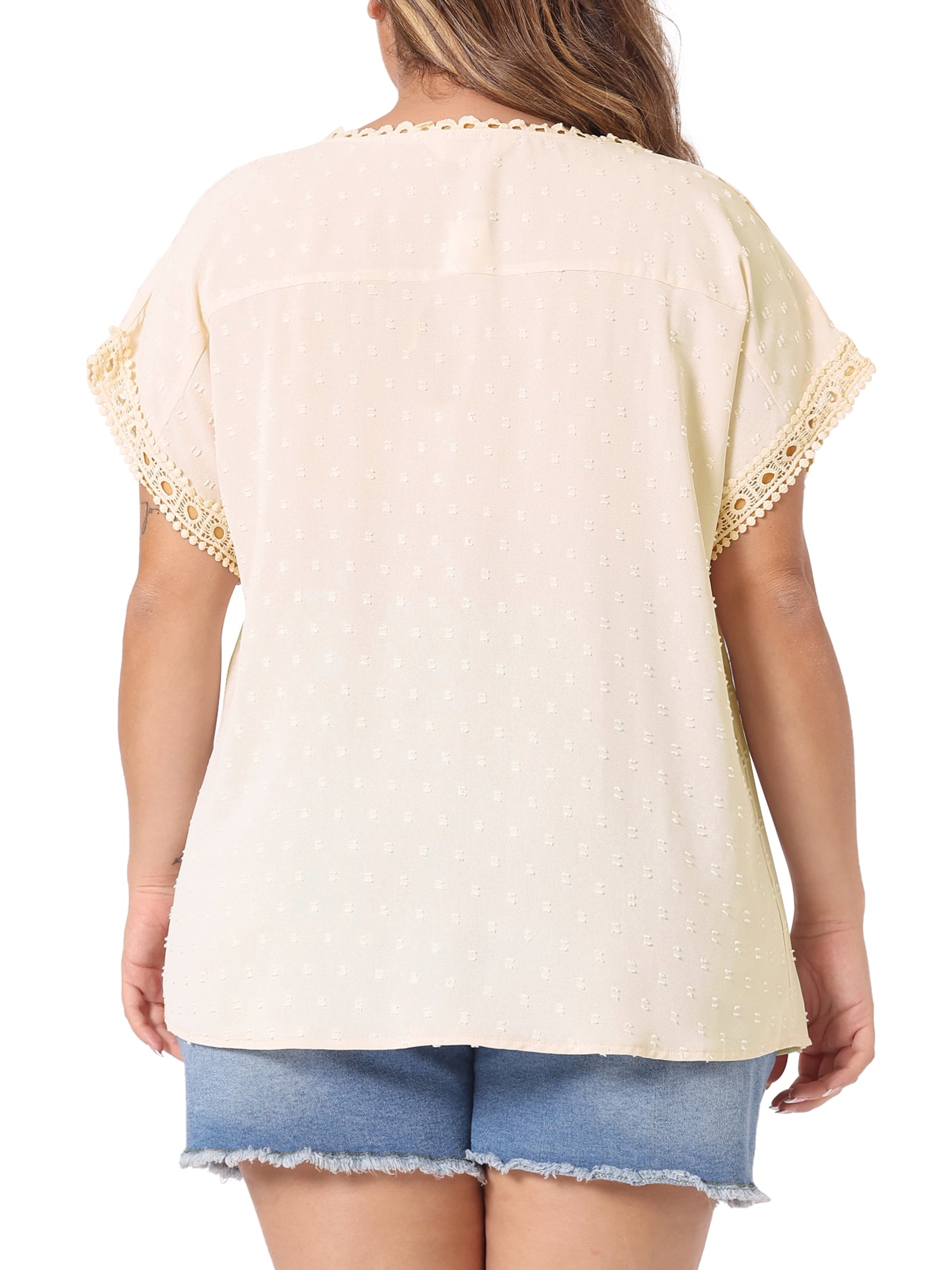 Women's Plus Tops with Swiss Dots Crew Neck Short Sleeve Casual Blouses 1X Beige