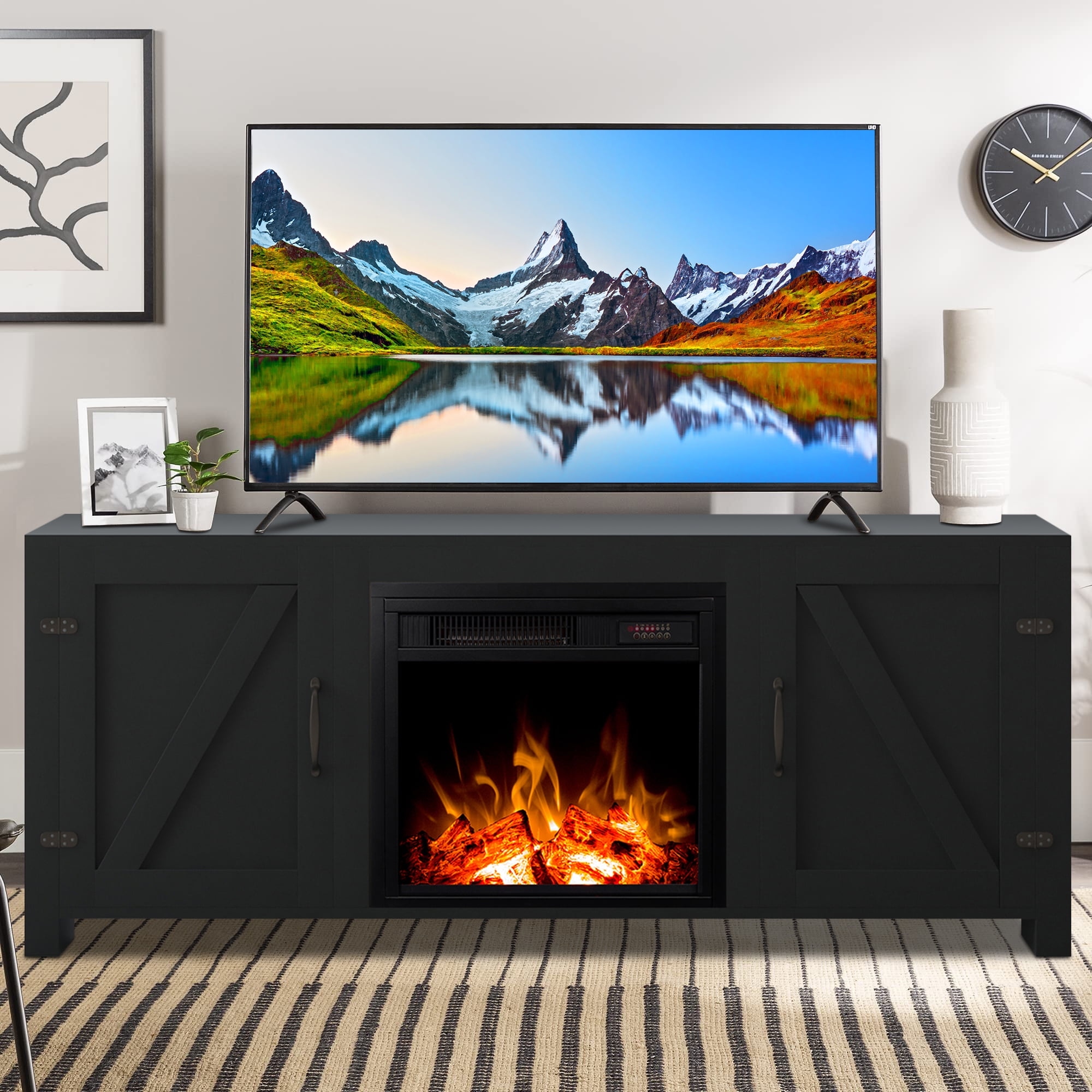 58" Electric Fireplace Heater TV Stand for 65" TVs, Wood Fake Fireplace