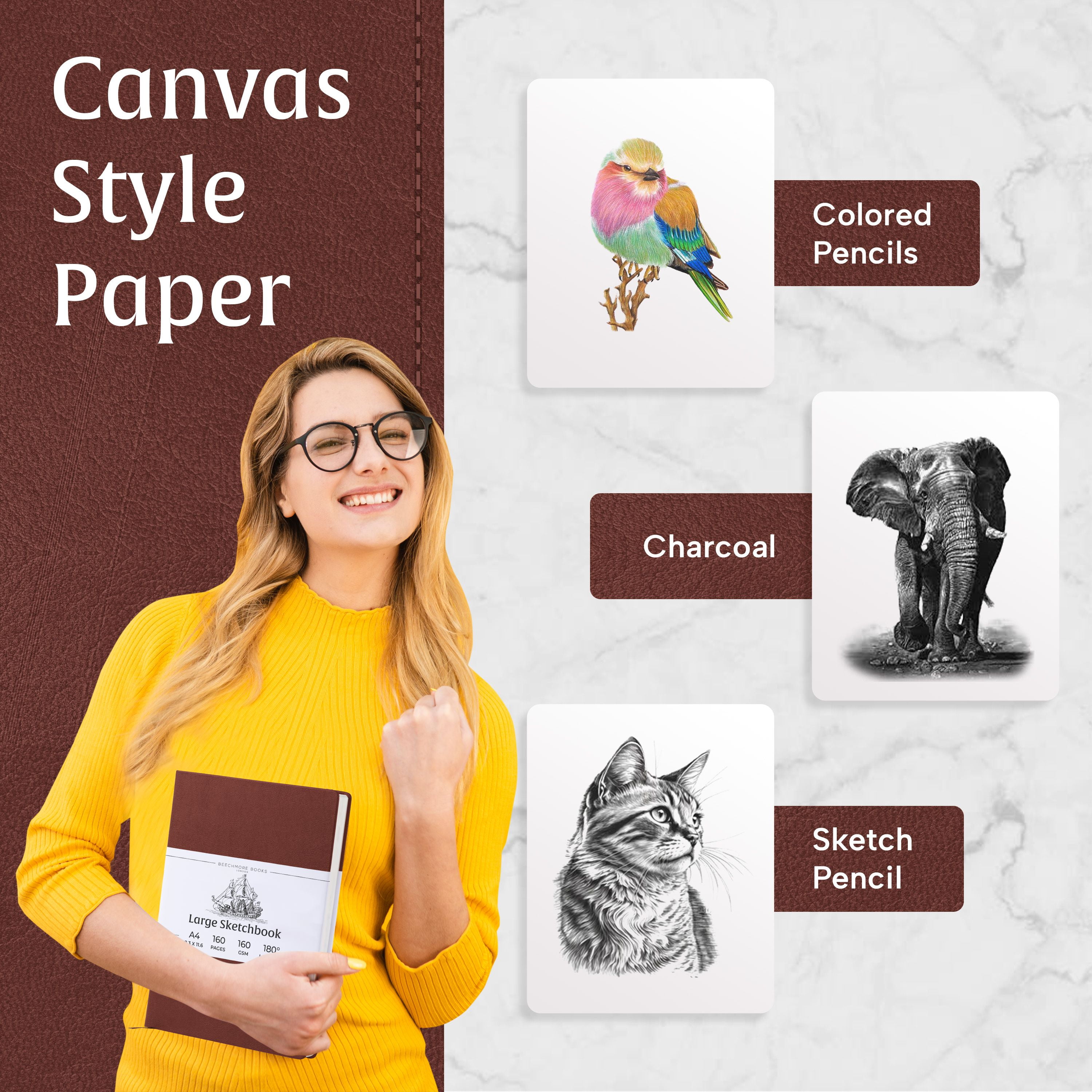 Beechmore Books A4 Sketchbook – 8.5x11" Premium Vegan Leather Bound Large Sketch Book Hardcover With 156 Thick 160gsm Perforated Ivory Pages, Blank Sketch Pad, Gift Boxed, Back Pocket Ribbon Bookmark
