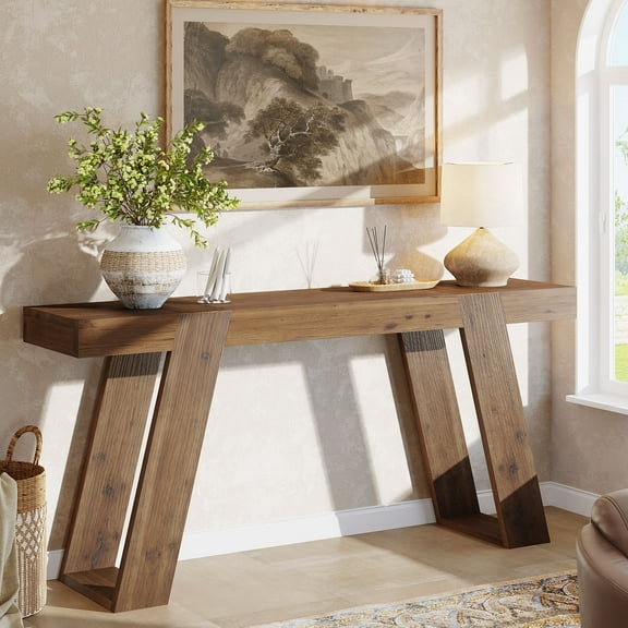 Tribesigns Solid Wood Console Table, 63" Narrow Sofa Table Behind Couch, Rustic Skinny Entryway Table for Hallway, Entrance, Foyer, Living Room, Brown
