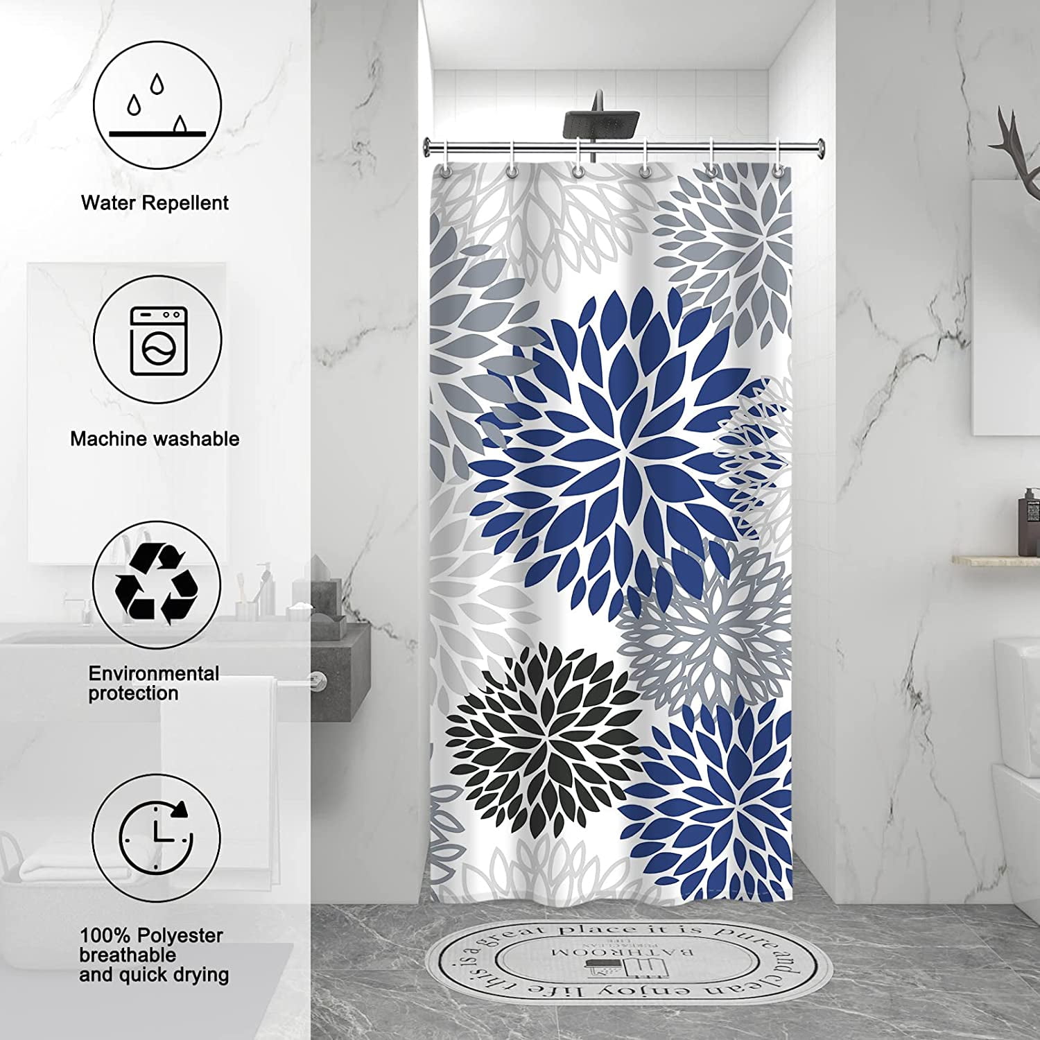 Dahlia Flower Shower Curtain, Floral Bathroom Decor, Waterproof Polyester Fabric Blue Grey Set, with 12 Hooks 36 x 72 Inches