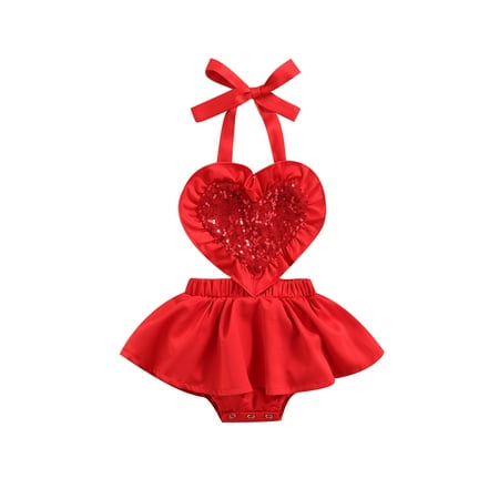 

Musuos Newborn Tie-up Halter Bodysuit Baby Girls Sleeveless Ruffled Sequined Love Pattern Romper