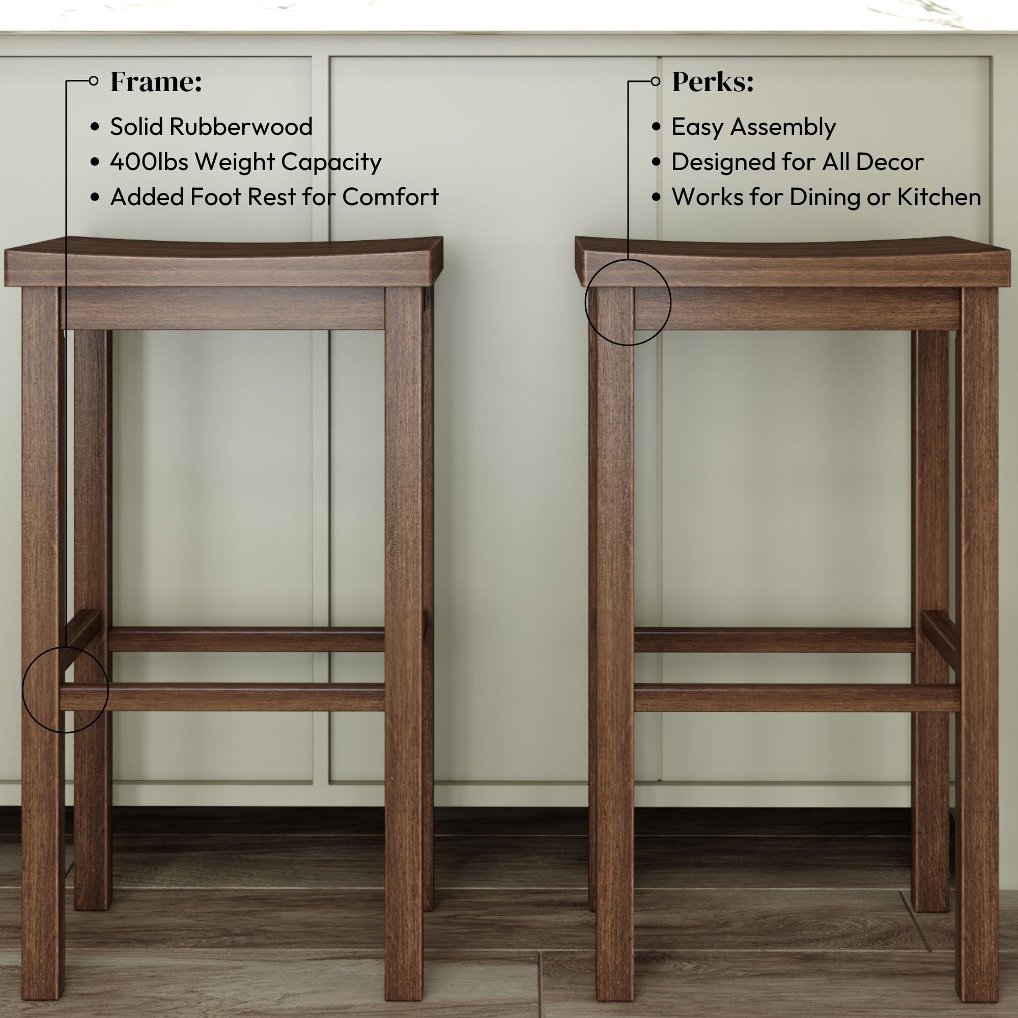 Now Furniture 30" Bar Stool, Set of 2 Wooden Backless Bar Height Kitchen Stool, Walnut