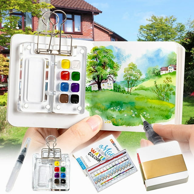 Mini juego de pintura de acuarela para viajes y bocetos | Caja de pintura acrílica portátil con pigmentos de 8 y 12 colores | Cuaderno de dibujo | Pincel | Clip de metal incluido | Materiales de