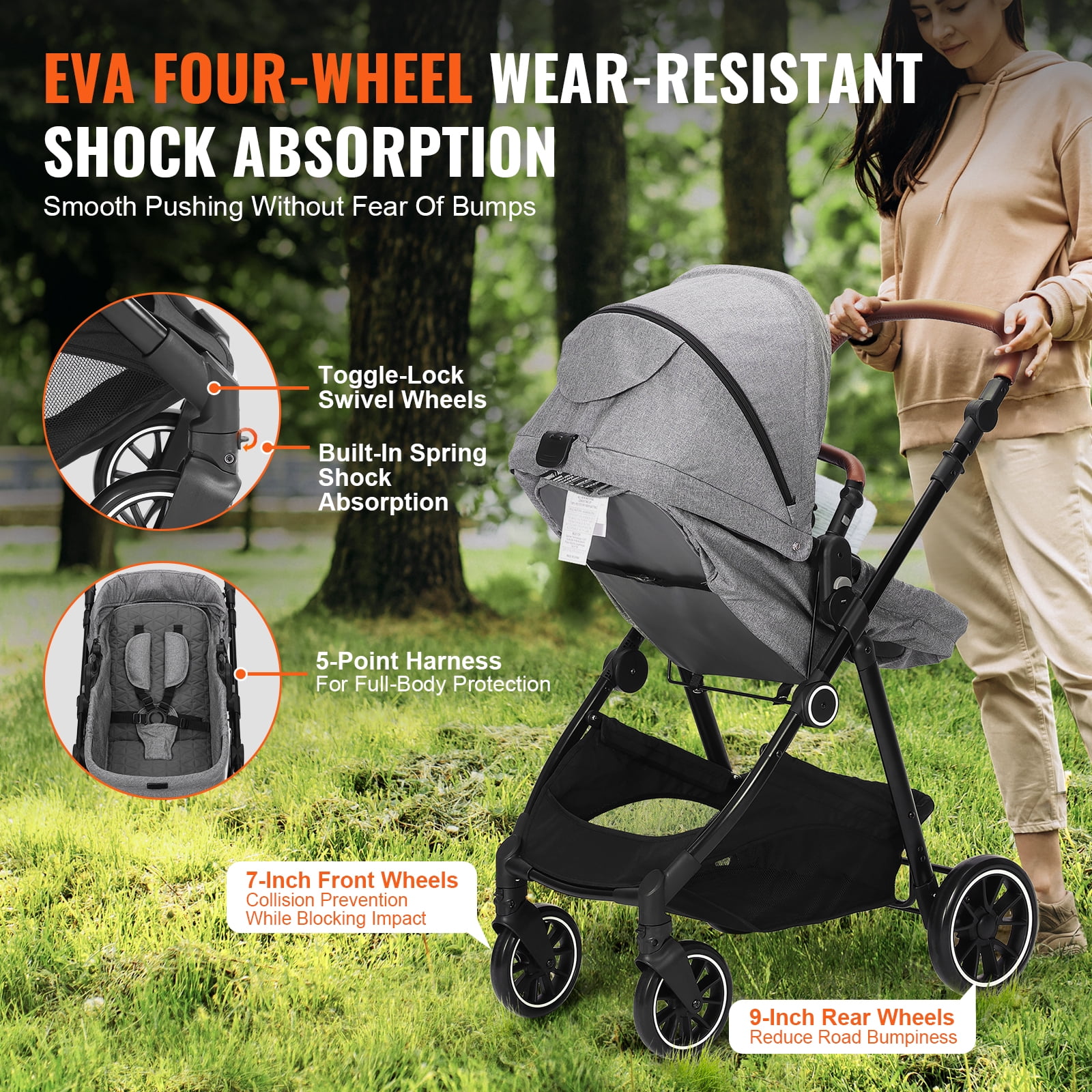 KFFKFF 2 in 1 Convertible Baby Stroller, Foldable Infant Newborn Bassinet Pram, Unisex Travel Stroller for Newborn Baby, Dark Grey