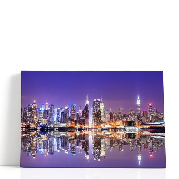 New York City Skyline During Night - Wrapped Canvas Print Wall Art | 18" W x 12" H