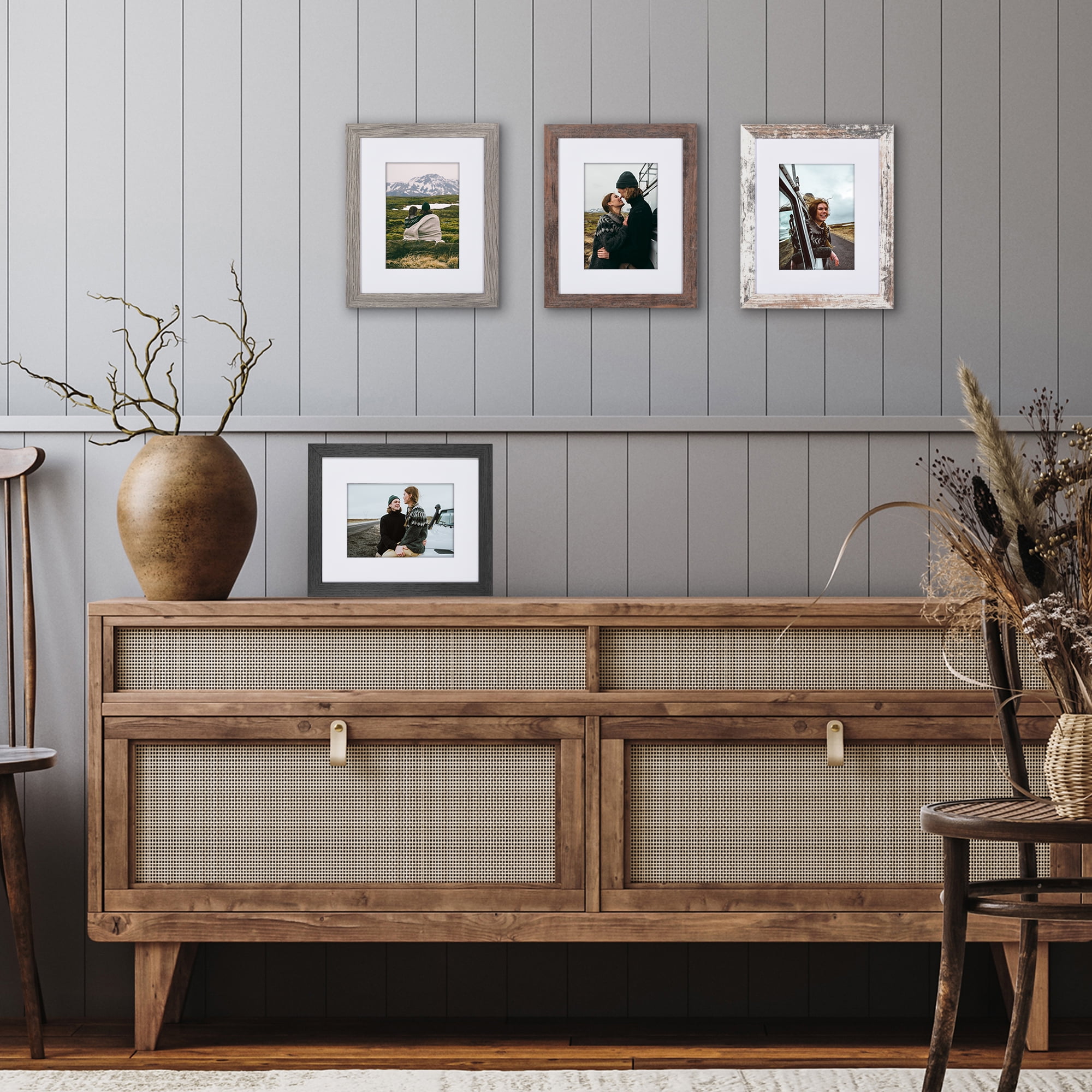 Americanflat 8x10 Picture Frame with 5x7 Mat 4 Pack - Rustic Picture Frames Shatter Resistant Glass and Easel