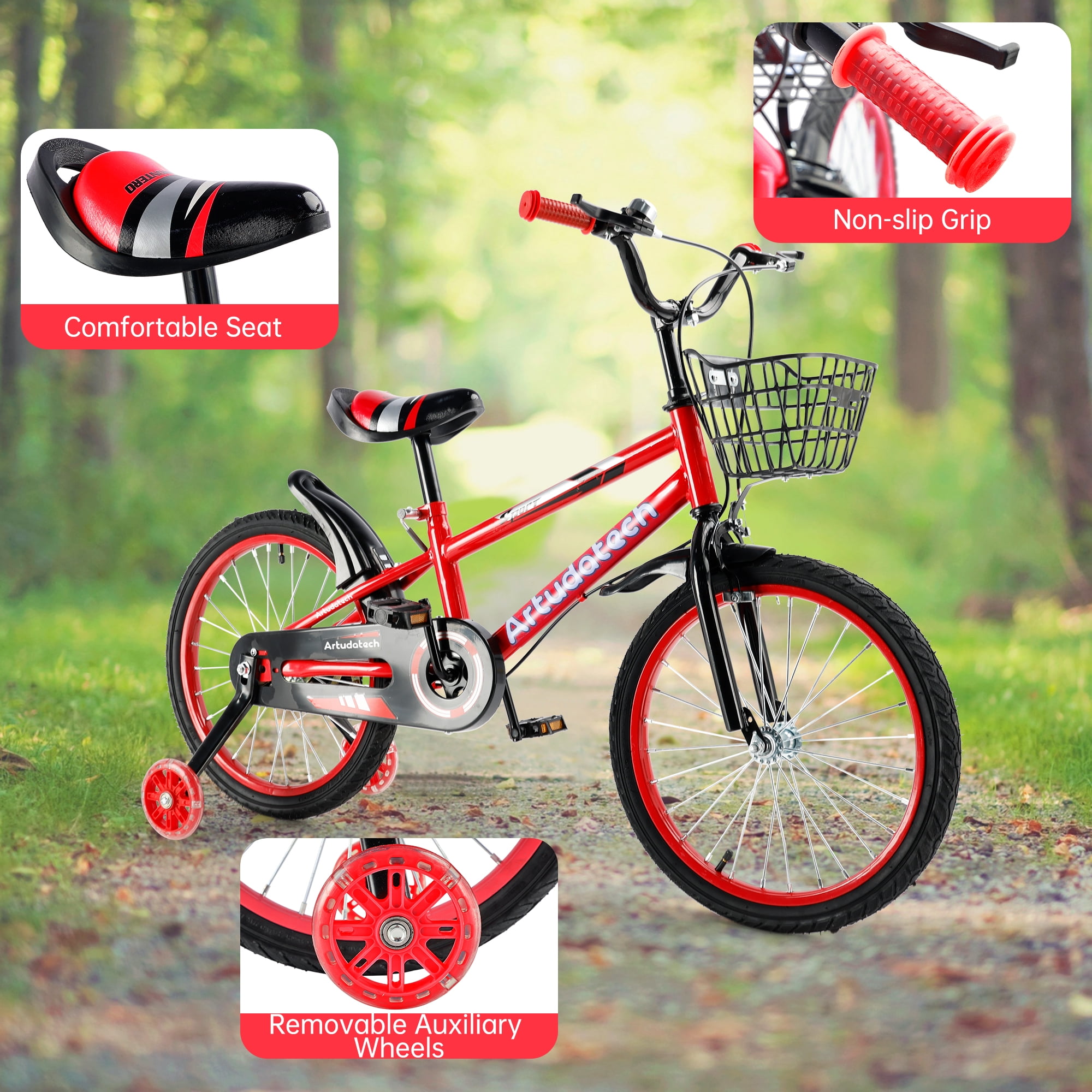 ARTUDATECH 14/16/18 Inch Kids Bike for Ages 3-10 Years Old Boys Girls, Kid's Bikes with Training Wheels, Basket, Dual Brake, Children Bicycle for Kids and Toddler Beginners, Pink/Red