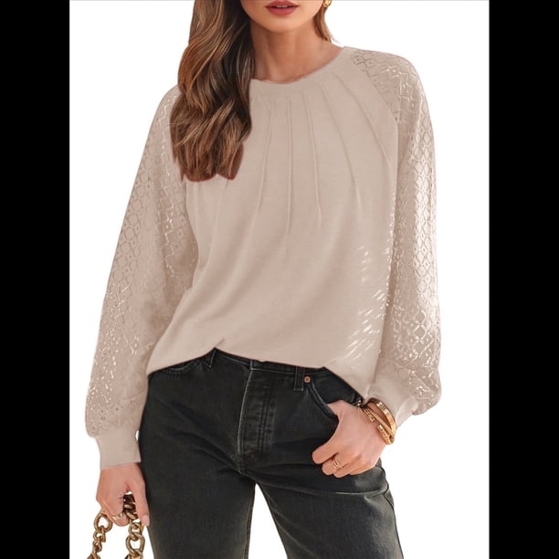 Camisas de Larga para Mujer, Blusas de Encaje, Ropa Informal de Negocios, Moda de Otoño, Blusas Tejidas Y2k Albaricoque M