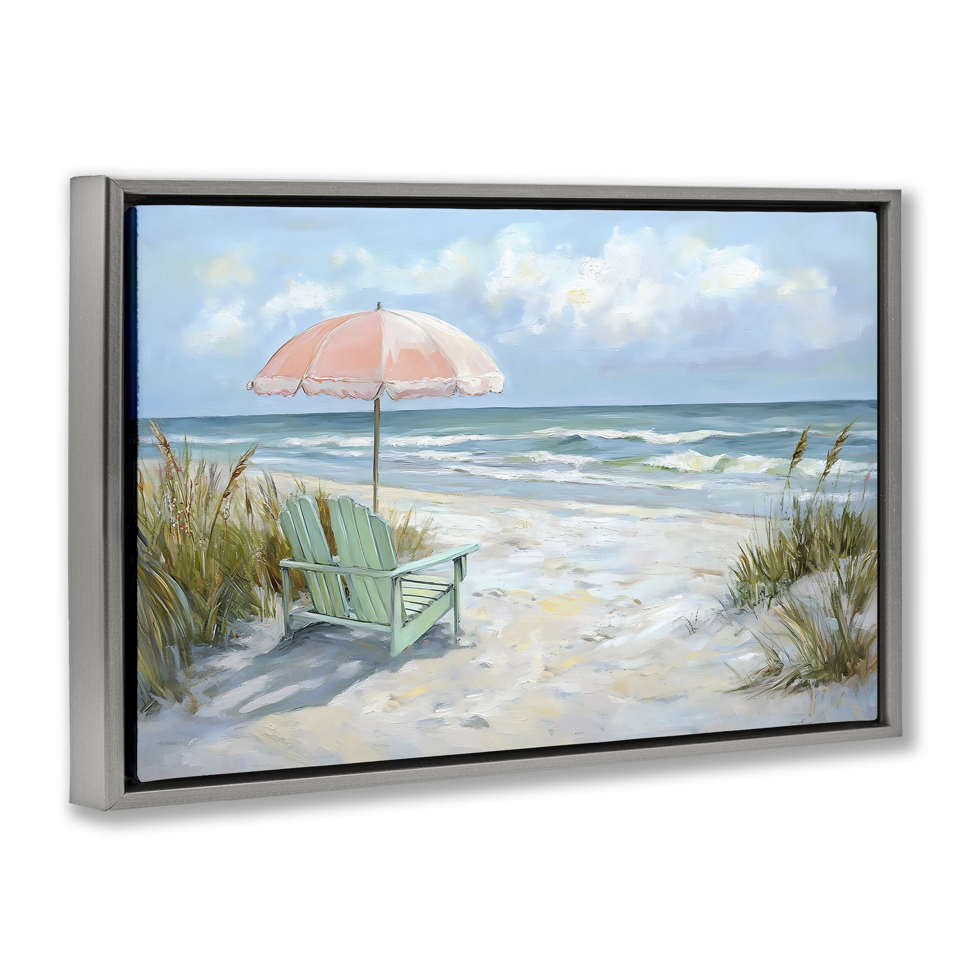 Stupell Industries Seaside Chair & Pink Umbrella Gray Framed Floater Canvas Wall Art, design by Creative Studio