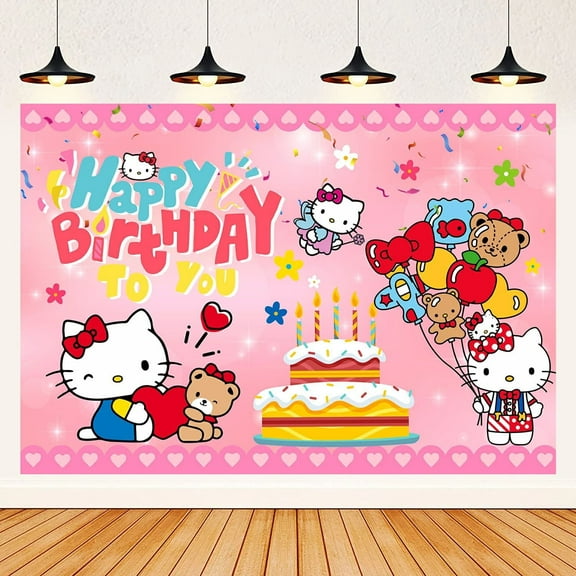 hello Anime Kitty Happy Birthday Anime Cartoon Theme Backdrops Banner Birthday Party Decor Supplies,5.9x3.6ft