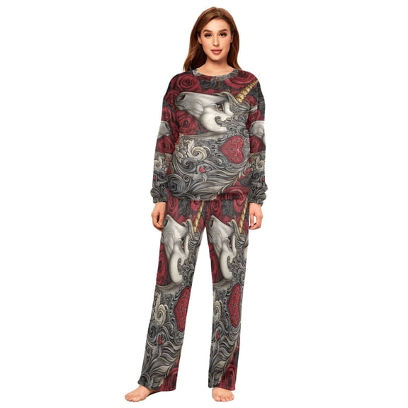 BZSMCE Women Slim Pajamas Loose Style Female Fashion Unicorn Roses Hearts Pattern Sleepwear
