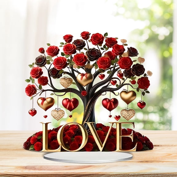 Valentines Day Rose Tree Statue 2D Love Witness Decorative for Valentine Decor Crafts Collection Table Centerpiece Gifts Compact Ornament