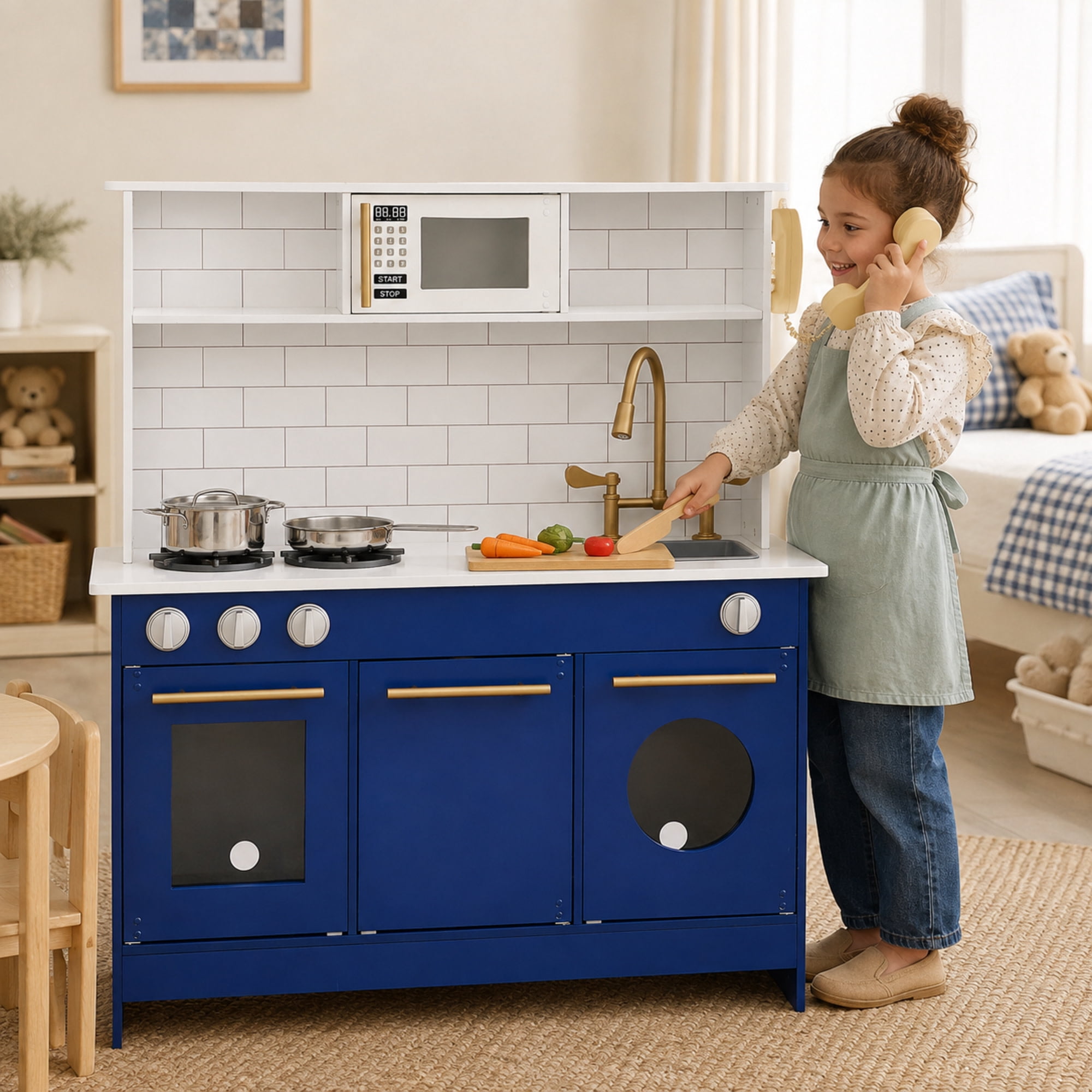 Teamson Kids Blue Wooden Kitchen Play Set with Gold Hardware, Subway Tile Backsplash and Pretend Play Cookware Accessories - Little Chef Berlin Modern