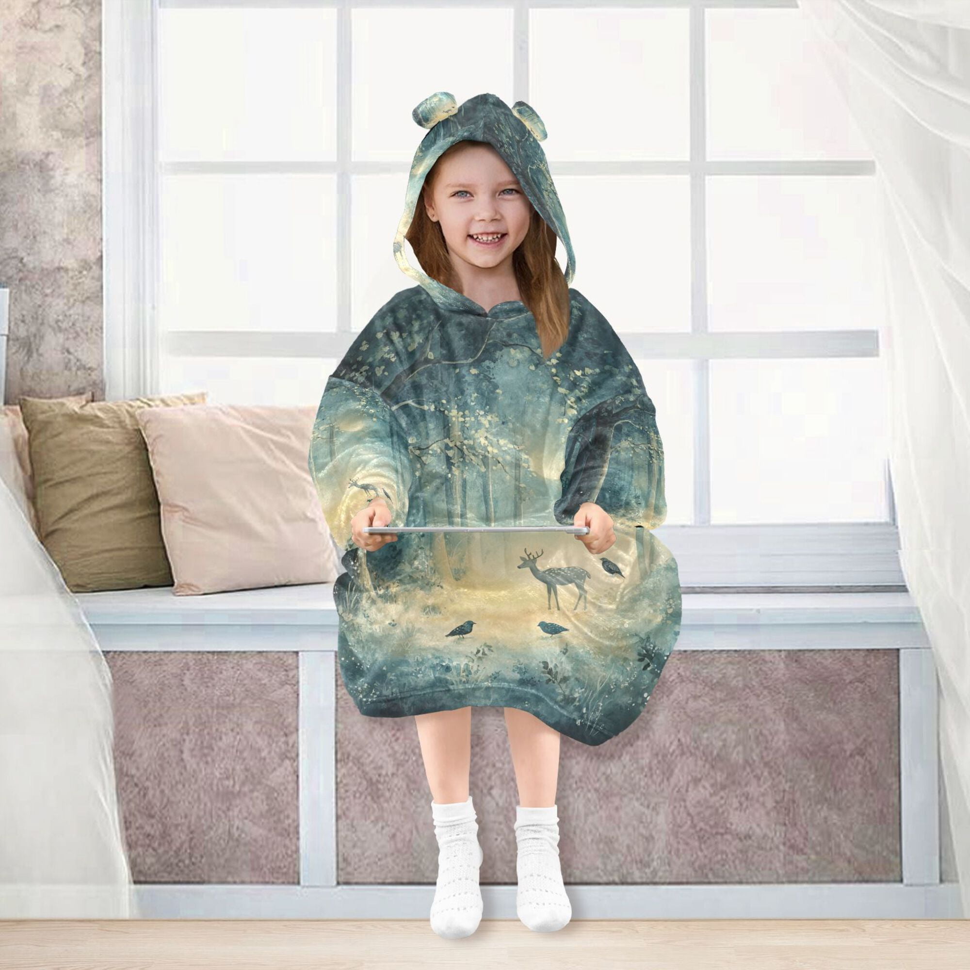 FORMRS Wearable Blanket Hoodie with Sleeves for Kids Cozy Flannel Sweatshirt, Night Forest Scene