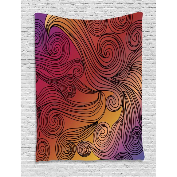 Abstract Tapestry, Doodle Abstract Waves with Stripes Ombre Effect Design with Purple and Pink Tones, Wall Hanging for Bedroom Living Room Dorm Decor, 40W X 60L Inches, Multicolor, by Ambesonne