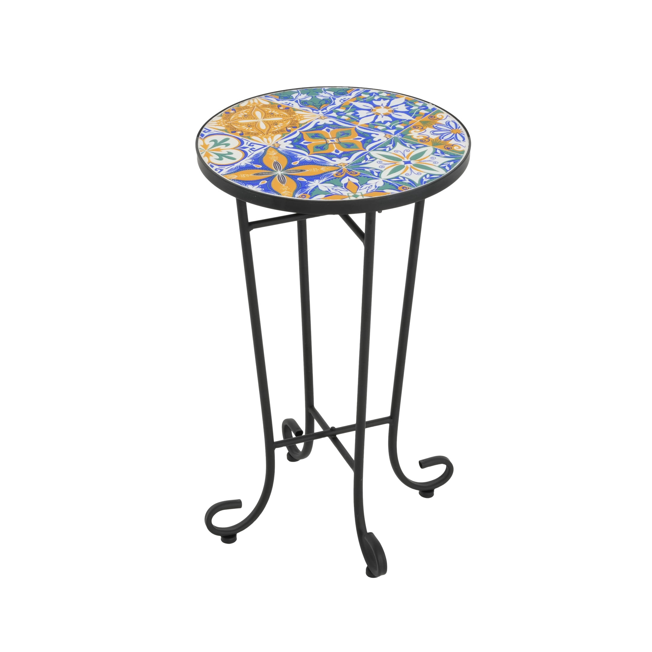Elevate Outdoor Patio Round Side Table, Ceramic Tile, Iron, Black + Colorful