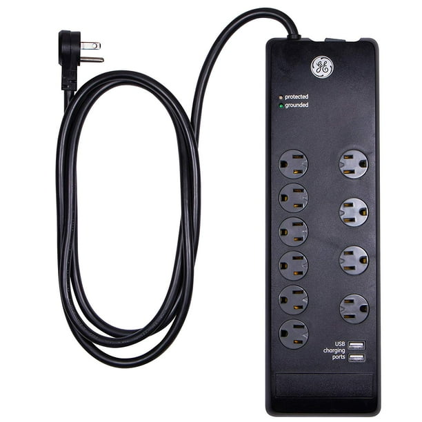GE UltraPro 10Outlet Surge Protector Power Strip, 2Port USB Charging, 6ft. Cord, Safety Covers