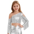 thumbnail image 2 of HULIJA Girl's Jazz Hip Hop Dance Performance Top Tassel Sparkle Crop Tops Glitter Blouse Sequins Fringe Shirts Silver 10, 2 of 6