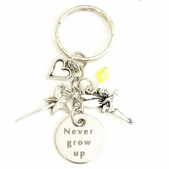 Never Grow Up Tinker Bell Peter Pan Silver Charm Keychain Accessories Gift of Love | Tinkerbell Merchandise and Accessories for Women