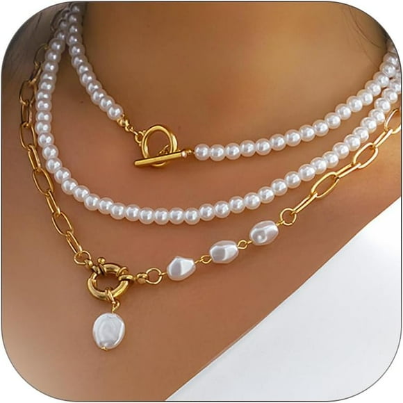 HAHDAXIA Layered Pearl Necklaces for Women Gold Pearl Pendant Necklace White Pearl Beaded Necklace Paperclip Chain Necklace Gifts for Lady Gifts