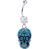 Body Candy Belly Ring Shades of Aqua Sugar Skull Belly Button Ring Surgical Steel