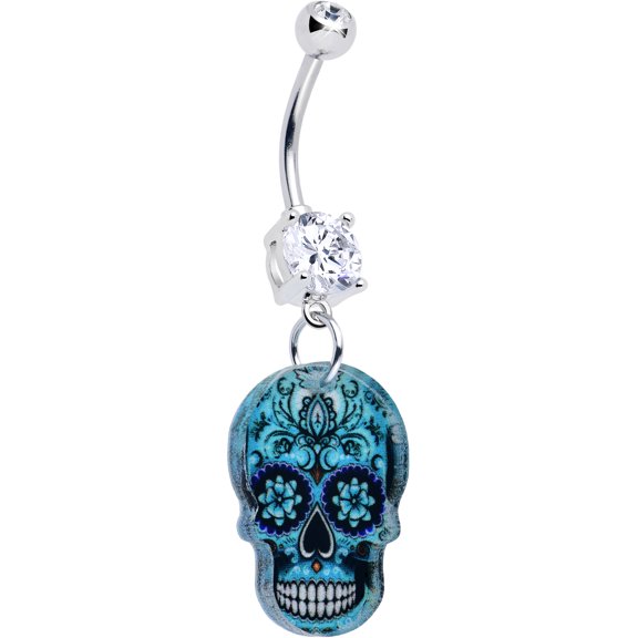Body Candy Belly Ring Shades of Aqua Sugar Skull Belly Button Ring Surgical Steel