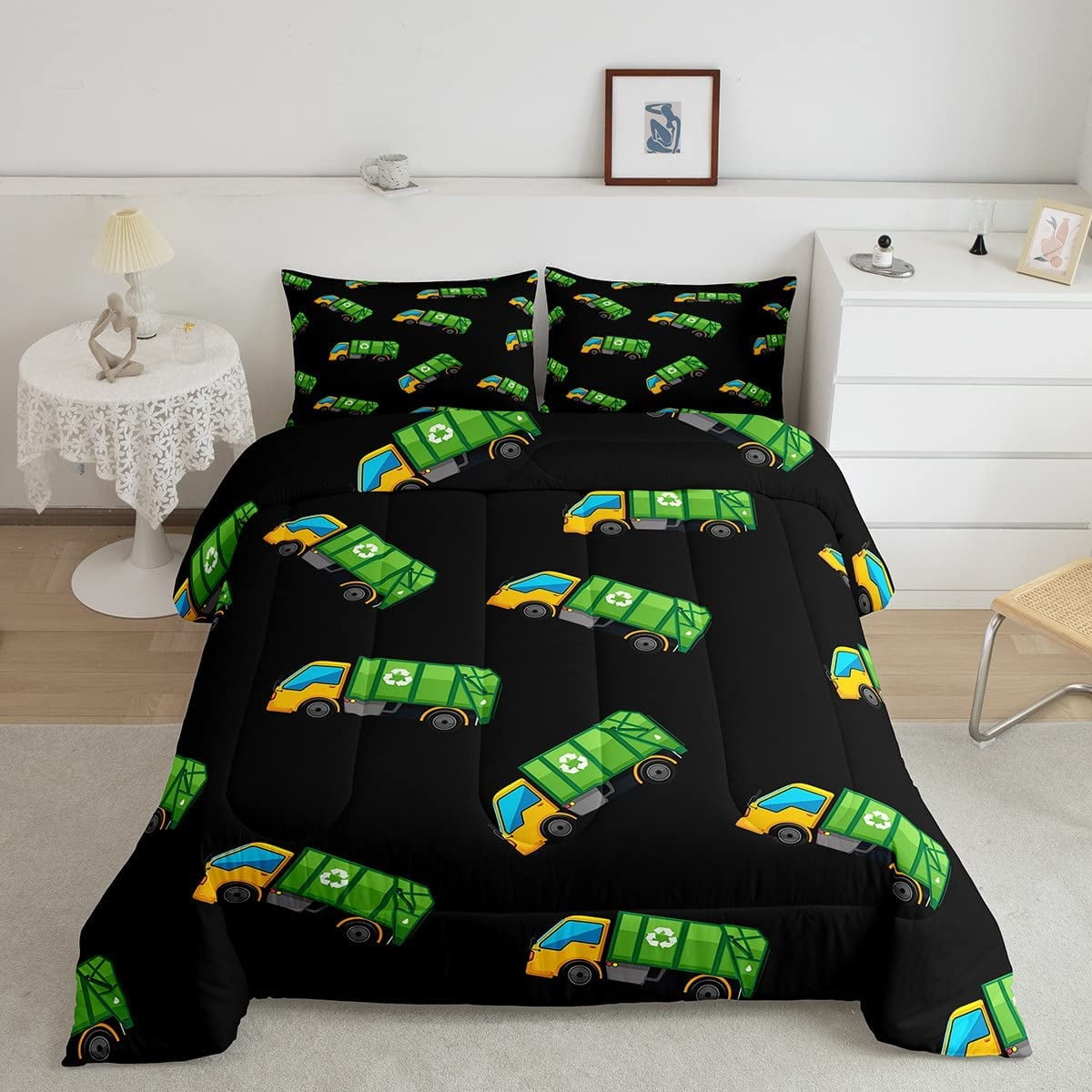 Garbage Truck Toy Comforter Set,Powered Waste Management Recycling Trucks Bedding Set with
