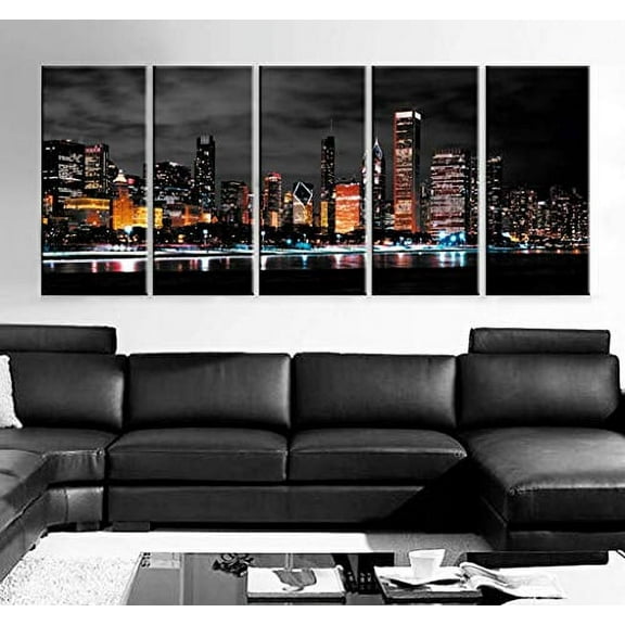 Original by BoxColors XLARGE 30"x 70" 5 Panels 30"x14" Ea Art Canvas Print Chicago Skyline colored lights night (background Black White Gray) Wall decor (framed 1.5" depth)