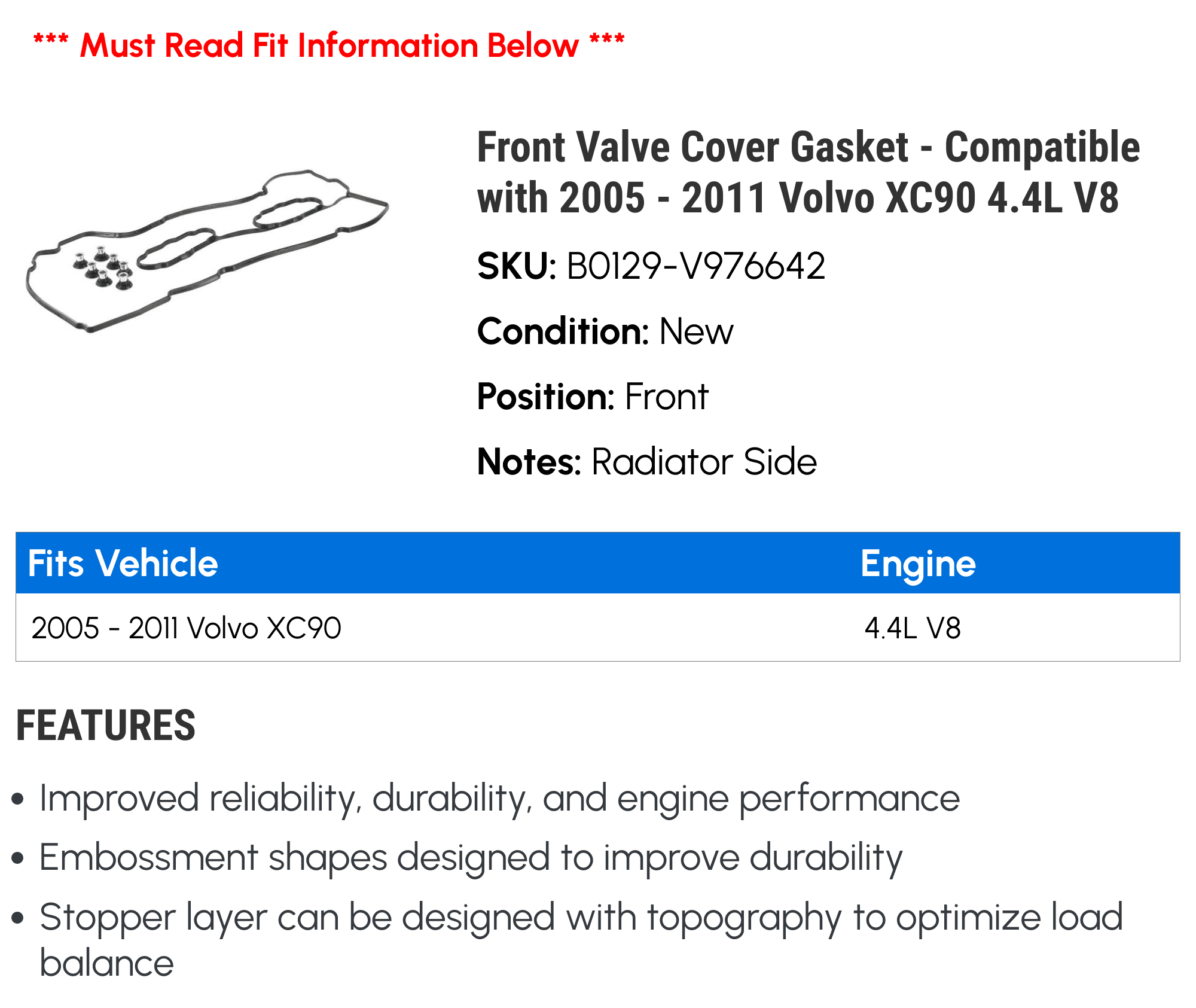 Front Valve Cover Gasket - Compatible with 2005 - 2011 Volvo XC90 4.4L V8 2006 2007 2008 2009 2010