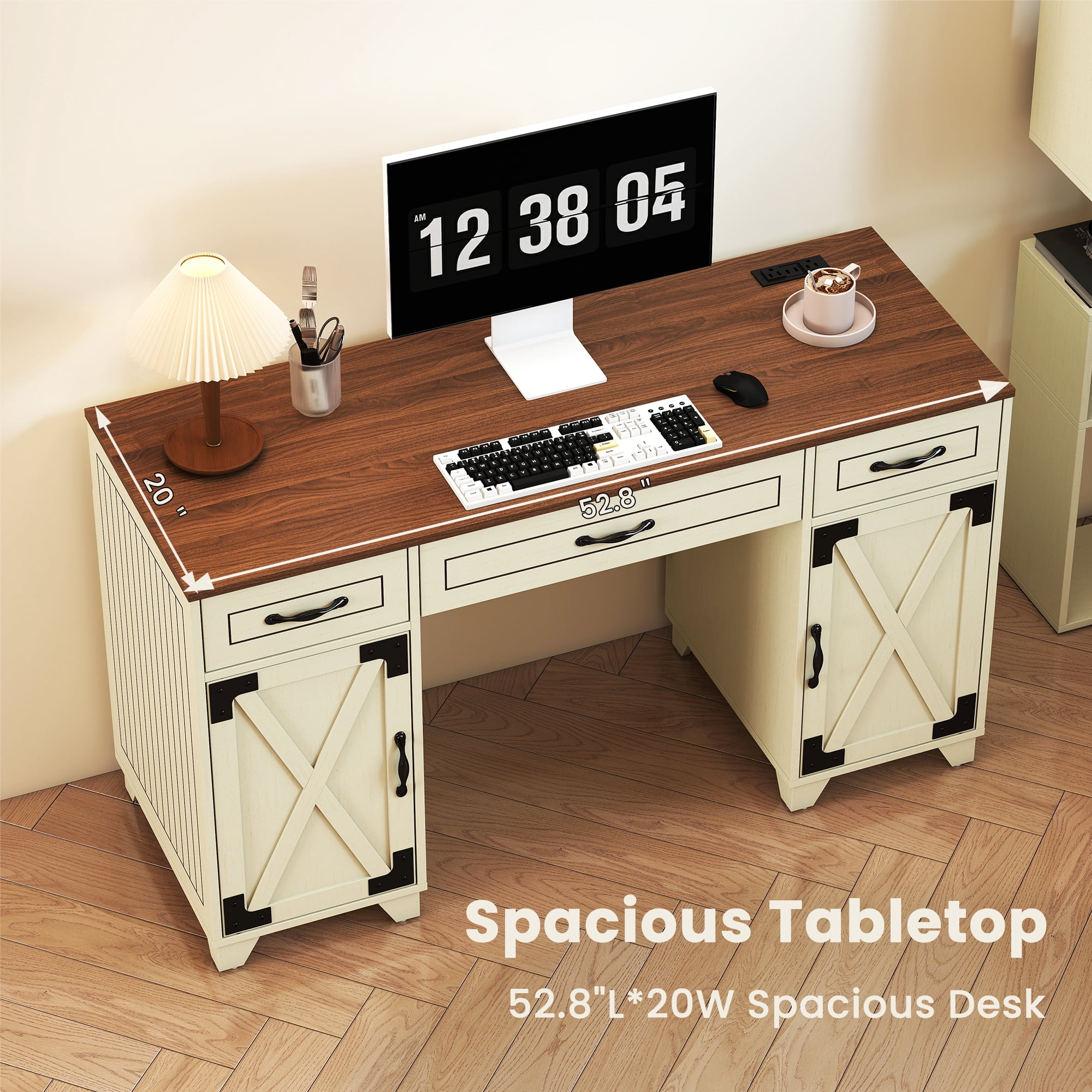 Manora Executive Desk with File Drawers and Cabinets Storage, 53'' Farmhouse Desk Modern for Adult Home Office, Rustic White&Brown Finish