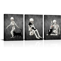 FCCUYE Halloween Wall Decor Black and White Skeleton Canvas Wall Art Funny Skull with Cat Painting Prints The Day Of Dead Picture d Artwork Ready to Hang (12"x16"x3pcs)