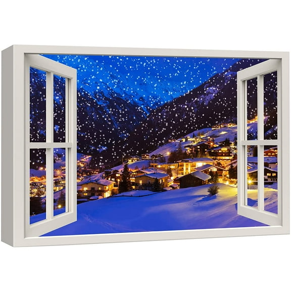 wall26 Canvas Print Wall Art Window View Winter Snow Ski Resort Austria Celebrations & Holidays Nature Photography Realism Landscape Colorful Multicolor for Living Room, Bedroom, Office - 24&quot