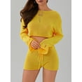 thumbnail image 3 of Raccmtaty Women's Knit Swimsuit Cover-Up Outfits Solid Color Ripped Long Sleeve Crop Tops with Drawstring Shorts Set, 3 of 8