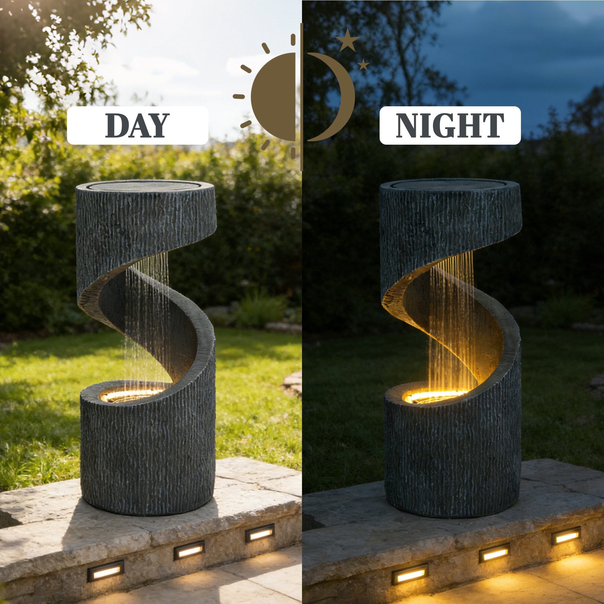 Kaluomm 32" Modern Spiral Column Outdoor Water Fountain with LED Light, Freestanding Resin Waterfall for Patio Garden Decor, Gray