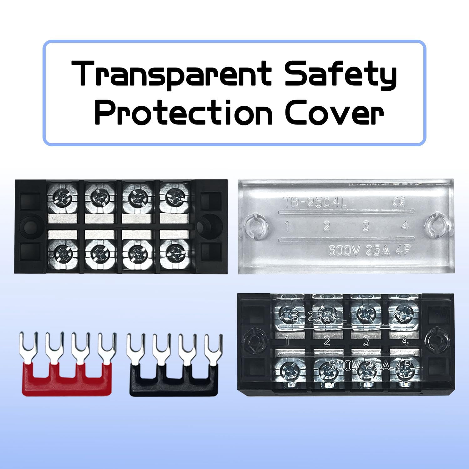 4 sets 4 position 60025 terminal block grounding circuit dual row bus bar line screw terminal block kit with cover, 600 pre-insulated terminal strip 004-2504