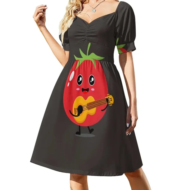 Vestido de cóctel de verano con mangas cortas y corte tomate