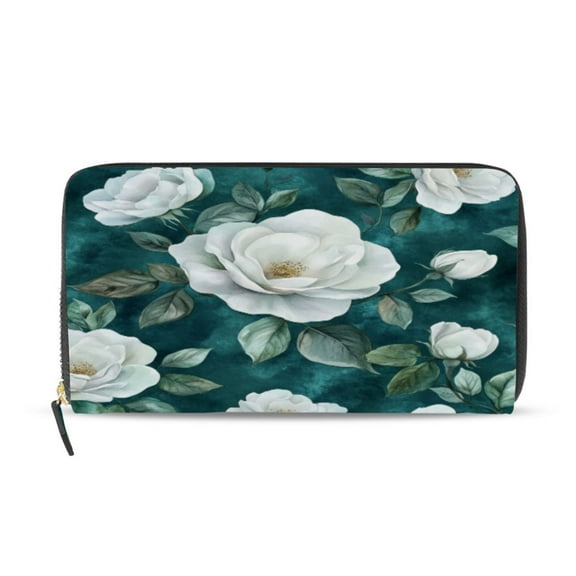 Qxltty Large White Roses Pattern Women's Leather Wallet Fashion Retro Multi Card Holder with Cell Phone Pocket Mothers Day Gifts