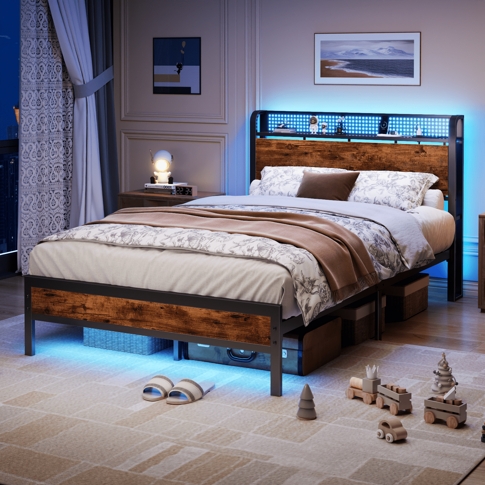 Satifur LED Bed Frame Full Size with Charging Station, Platform Metal Bed Frame with Storage Headboard, No Box Spring Needed, Noise-Free