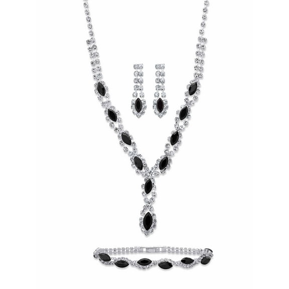 PalmBeach Jewelry Marquise-Cut Black and White Crystal 3-Piece Halo Earrings, Twisted Strand Necklace and Bracelet Set in Silvertone 18"-23"