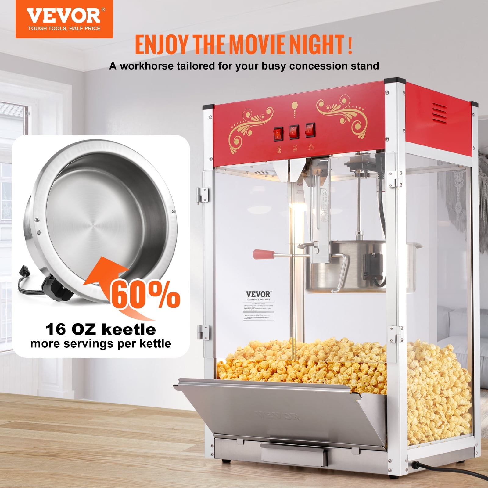 VEVOR Popcorn Maker, 1615W Popcorn Popper Machine, 16 Oz Kettle Large Capacity Countertop Popcorn Maker with Tempered Glass, Includes 3 Stainless Steel Scoops, Movie Theater Style, Red