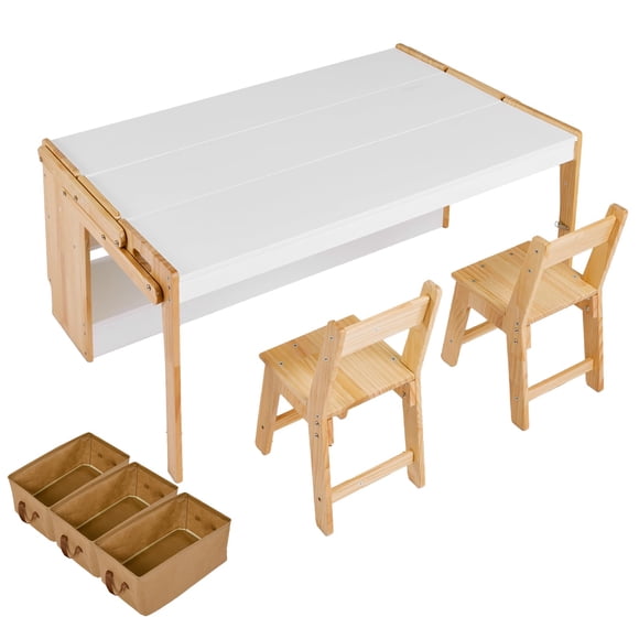 Mesa Plegable Infantil Multifuncional con Silla Convertible en Escritorio Artístico con Estantes y 2 Cajas de Almacenamiento Altura Ajustable para Escuela y Hogar 120cm/70cm Madera