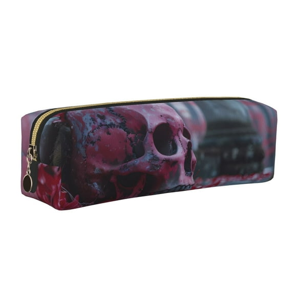 Easygdp Gothic Red Skull Cemetery para Estuche de Lápices de Cuero, Estuche de Papelería de Cuero, Estuche de Gran Capacidad con Cremallera