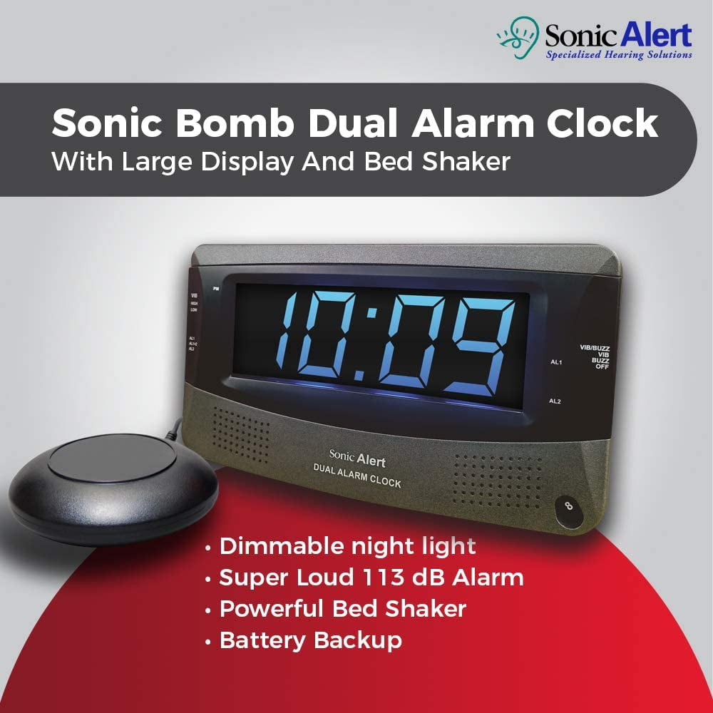Sonic Alert - Sonic Bomb Dual Alarm Clock, Bed Shaker Vibrator with Large Digital Display - Black