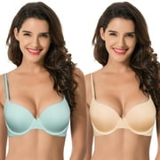 Curve Muse Women's Light Lift Add 1 Cup Push Up Underwire Convertible Tshirt Bra-2PK-Nude,Lt Blue-48C