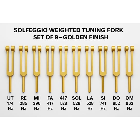 Radical 🌈 Solfeggio 9 Weighted (Golden) – Professional Tuning Fork Set w Activator Pouch