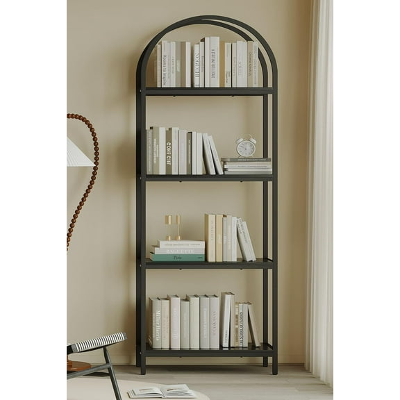 Bookshelf Arched Bookcase, Industrial Curved Metal Book Shelves, 72" Tall Freestanding Open Storage Shelf Display Rack for Living Room Home Office, Black, 4-Tier