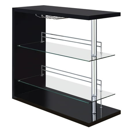 Benjaza 2-Shelf Rectangular Glass & Chrome Bar Unit with Wine Holder in Black