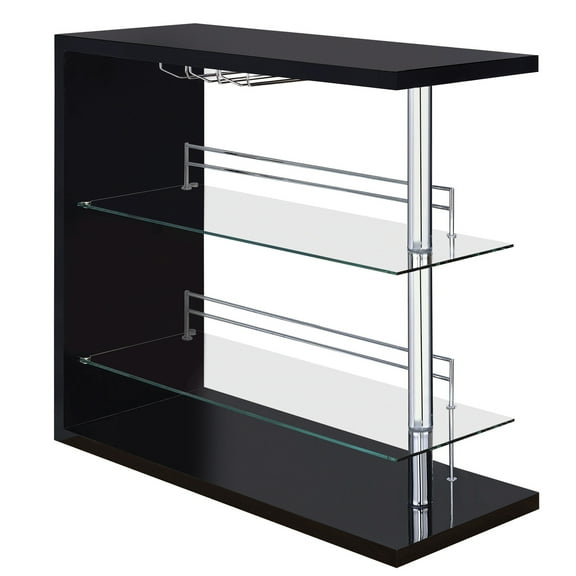 Benjaza 2-Shelf Rectangular Glass & Chrome Bar Unit with Wine Holder in Black