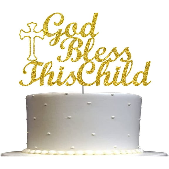 God Bless This Child Cake Topper Glitter, For Baptism, First Holy Communion, Confirmation, Christening, Religious Celebration Decoration, Sturdy Doubled Sided Glitter (Gold)